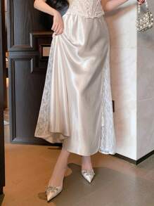 DAZY Chân váy ren ghép mảnh thanh lịch dành cho nữ, mùa thu - Màu be - Xem 8