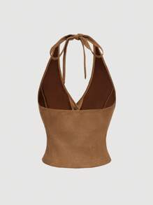 SHEIN MOD V 领露背系带流苏嬉皮风格衬衫 - 卡其色 - 查看 2