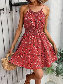 Breezaya Summer Vacation Casual All-Over Print Halter Dress - Dark Red - View 4