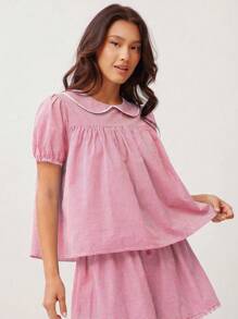 WESTFADE Summer Cotton Gingham Gingham & Lace Peter-Pan Collared Voluminous Babydoll Short Puff Sleeve Button Back Top Spring Beach Vacation - Pink - View 5
