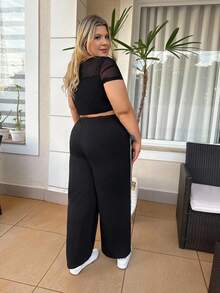 magalhaesca Áo thun Plus size Cắt ra Xù cắt Tương phản Mesh màu trơn Gợi cảm - màu đen - Xem 2