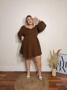 magalhaesca Plus Tie Back Lantern Sleeve Ruched Bust Dress,Corset Dress For Women - Chocolate Brown - View 6