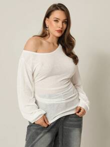 Auralis Plus Size Fall Women Clothes Teacher For Women ,Business Casual Woman, Women's Solid Color Pleated Asymmetrical Shoulder White See, Through Casual Long Sleeved T-Shirt, Back To School, Y2k, Cute Tops, Going Out Tops Women, Office For Women,Y2k Clothes, Gym Tops, Work For Women, Work Clothes Women, Streetwear, White For Women, Basic Tops, Oversized Women T Shirts, Teacher ,Tops For School, Airport For Women Casual Top