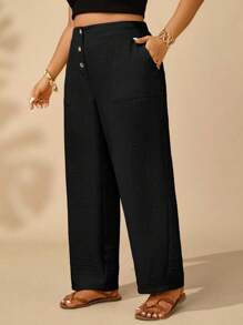 EMERY ROSE Plus Size Casual, Vacation Flattering, Button & Pocket Decor Loose 3/4 Pants Fall - Black - View 6