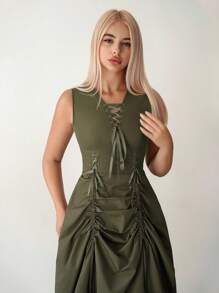 Sweetina 女士慕尼黑啤酒节无袖抽绳蝴蝶结腰部中长连衣裙 - 白色 - 查看 7