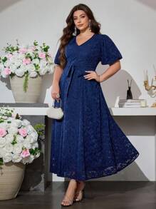 Modelyn Plus Size Women V-Neck Puff Sleeve Tie Waist Flared Elegant Dress - Navy Blue - View 5