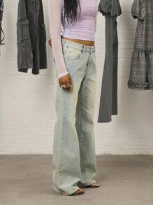 COUREZ 低腰长款喇叭浅色水洗牛仔裤 / Y2K 秋季女装街头复古阔腿裤宽松牛仔裤 - 藍色 - 查看 4