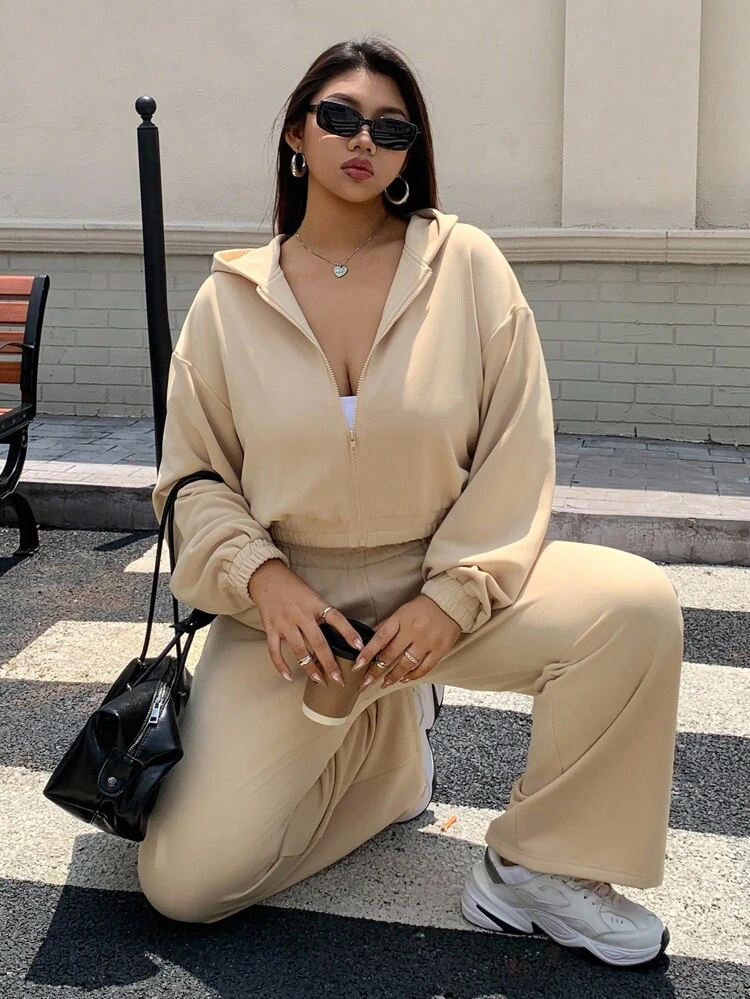 Dazy Plus 2pcs Plus Size Women Cropped Hoodie Sweatshirt & Drawstring Waist Pants Sports Suit Set Tracksuits Women Set Lounge Sets For Women