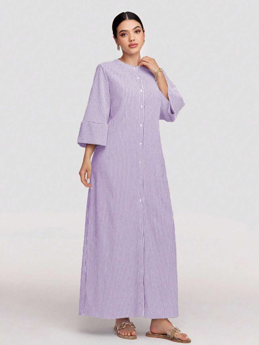 Veilorie 女式条纹纽扣前长休闲连衣裙，春秋季节，端庄的长裙，非常适合海滩/休闲/度假/家居服/返校和日常休闲穿着 - 紫色 - 查看 1