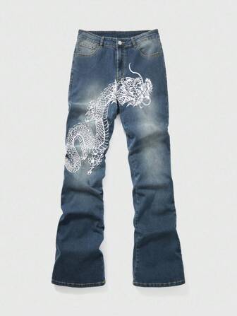 Anime Men's Washed Dragon Pattern Embroidered Denim Jeans