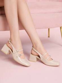 CUCCOO DOLLMOD Décolleté con fibbia in vernice color albicocca, punta quadrata, stile fashion senza tallone, tacco largo, stile romantico da scuola, adatto per primavera/autunno - Albicocca - Visualizzare 4