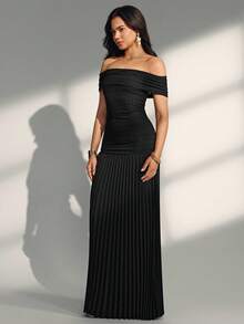 Almamuse Black Textured Splice Pleated One Shoulder Elegant Dress, Spring/Summer - Black - View 2