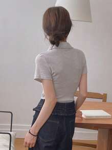 DAZY Summer Fitted Casual Textured Striped Bowknot Strap V-Neck Shirt Style Short Sleeve Blouse For Office Wear - Grey - View 5