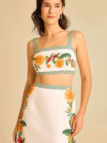 CAJUNI 女式杏色热带花卉印花短款露背系带上衣和梭织印花迷你裙两件套，适合夏季度假、约会、派对、海滩 - 彩色 - 查看 3