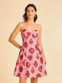 Women's Boho Vacation Tropical Heart Print Cami Mini Dress, Pink - Multicolor - View 3