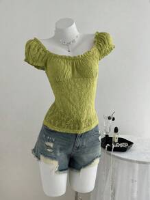 Elamini Camiseta ajustada de mujer con cuello cuadrado, mangas abullonadas y textura de jacquard, para primavera/verano - Verde - Ver 3