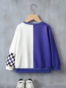 Batwheels X SHEIN Young Boy Casual Street Style Racing Car & Checkerboard Letter Graphic Pullover, Autumn/Spring Boys Sweatshirts Boys Car Graphic Sweatshirt Boys Batmobile Sweatshirt Kids Hoodies Boys White And Blue Boys Full Sleeve T Shirts Cartoon - Multicolor - View 2