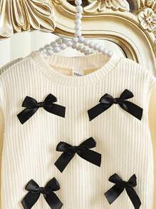 SHEIN 可爱 Babygirl 休闲百搭米色针织蝴蝶结圆领长袖套头衫，适合日常穿着和外出，春秋季