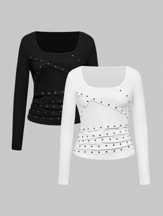 Grunge Punk Set de 2 camisetas de manga larga con cuello redondo, decoradas con remaches y cristales para mujeres, de estilo sexy