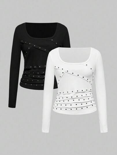 Grunge Punk 2 pièces/Set T-shirt à manches longues col rond avec rivets et décoration de strass sexy pour femmes