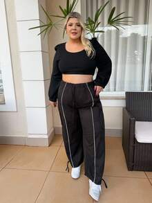 magalhaesca Plus Size Women Elastic Waist Drawstring Cargo Pants With Hem Embellishment - Black - View 6