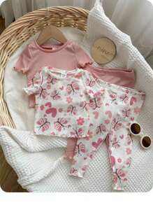 女婴 4 件套蝴蝶图案圆领荷叶边短袖上衣和裤子柔软舒适睡衣套装 - 淺粉色 - 查看 1