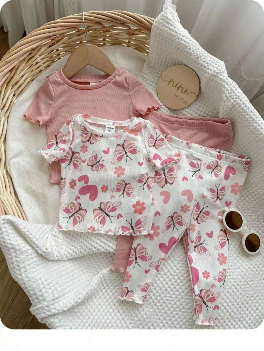 女婴 4 件套蝴蝶图案圆领荷叶边短袖上衣和裤子柔软舒适睡衣套装 - 淺粉色 - 查看 1