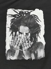 SHEIN Áo thun nữ cổ tròn tay ngắn in hình dáng rộng rãi thoải mái - màu đen - Xem 6