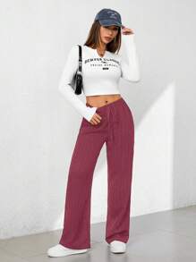 SHEIN PETITE Quần Capri ống rộng họa tiết thoải mái mùa hè - Bụi hồng - Xem 4