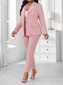 SHEIN Lady 春、夏、秋、冬 优雅 派对 通勤 婚礼 情人节 鸡尾酒会 办公室 音乐会/音乐节 粉色针织蕾丝翻领 撞色蕾丝 金色纽扣 假口袋 长袖 加大码 人造毛皮大衣 加大码 西装 - 淺粉色 - 查看 6