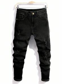 Manfinity Homme Men's Street Style Casual Versatile Distressed Denim Jeans Black Ripped Jeans Men Boyfriend & Husband Stretch Washed Black Slim-Fit For Going Out - Black - View 1