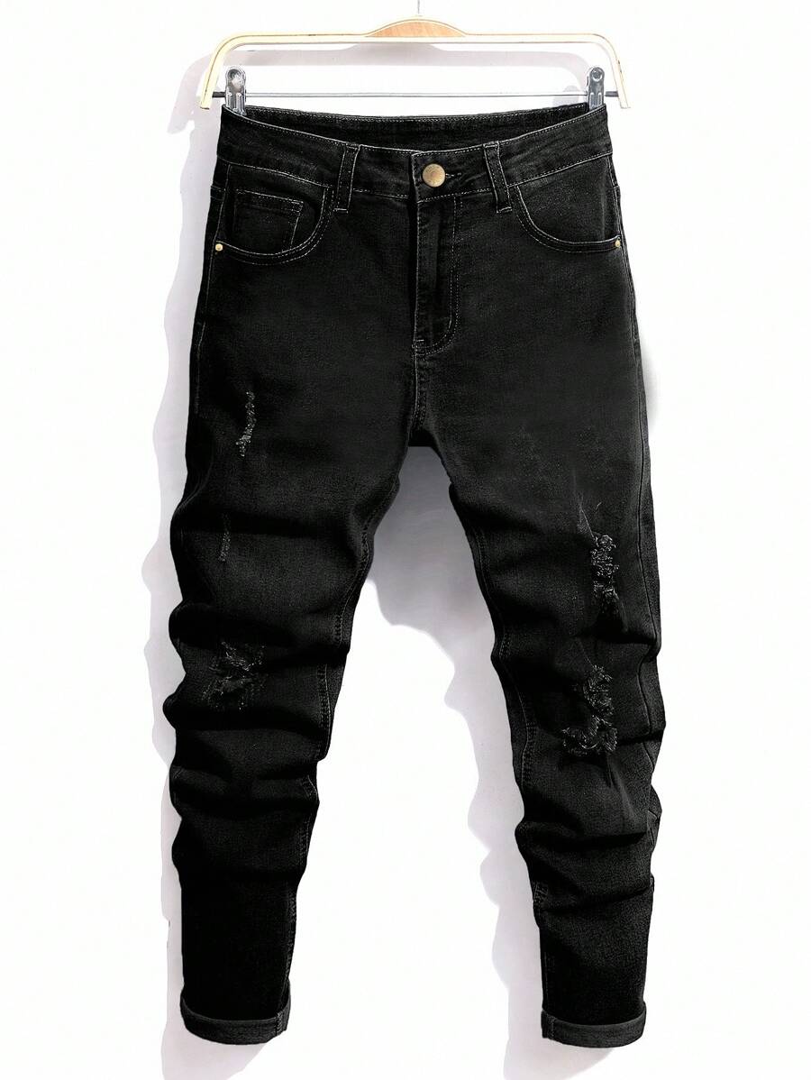 Manfinity Homme Men's Street Style Casual Versatile Distressed Denim Jeans Black Ripped Jeans Men Boyfriend & Husband Stretch Washed Black Slim-Fit For Going Out - Black - View 1