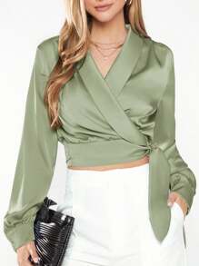 BizChic Women's V-Neck Long Sleeve Cropped Shirt With Knot Hem, Casual Urban Commuter Basic Minimalist Elegant Chic Business Casual Outfit, Suitable For Teachers And Office Wear, Autumn