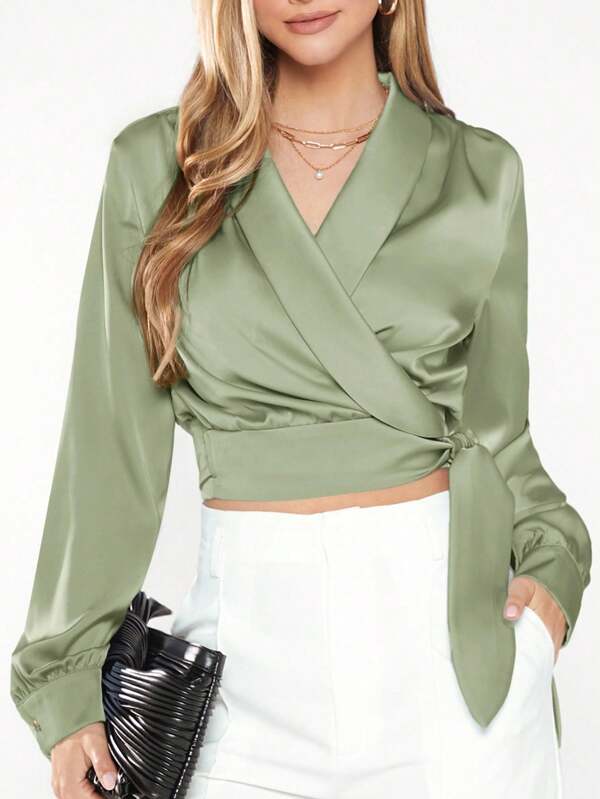 BizChic Camisa corta de manga larga con cuello en V y dobladillo anudado para mujeres, casual urbana, básica minimalista, elegante y chic para uso en la oficina y otoño, adecuada para maestras y uso de oficina
