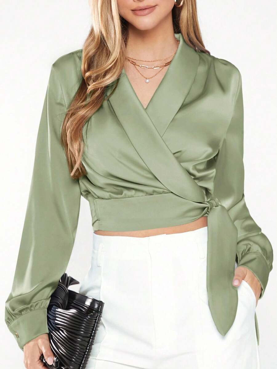 BizChic Women's V-Neck Long Sleeve Cropped Shirt With Knot Hem, Casual Urban Commuter Basic Minimalist Elegant Chic Business Casual Outfit, Suitable For Teachers And Office Wear, Autumn