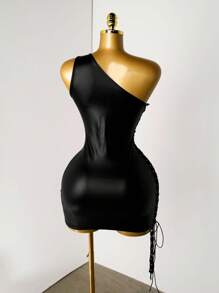 Mistrie Women's Sexy Nightclub Party PU Leather Side Lace-Up Bodycon Mini Dress - Black - View 2