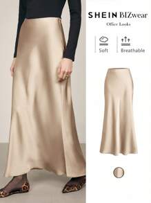 BizChic 2025 Autumn Women's Satin Waist Mermaid Hem Skirt, Business Casual Daily Commute Elegant Beach Resort Suitable For Wedding Guest, Brunch, Airport, 90s Retro Office - Champagne - View 3