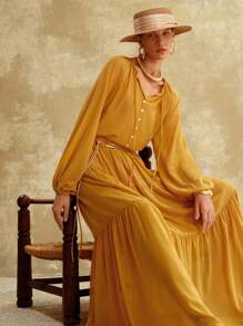 Revavyn Revavyn Áo sơ mi nữ bằng vải chiffon thanh lịch tay phồng, cài cúc, thắt nơ phía trước, thích hợp mặc đi làm, đi nghỉ mát, áo dễ thương, áo sơ mi cài cúc, phong cách boho, áo kiểu rộng rãi, phong cách Nashville, trang phục nghỉ dưỡng, trang phục công sở, trang phục mùa thu, phong cách cổ điển thường ngày mùa xuân. - Màu vàng - Xem 5