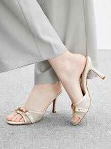 CUCCOO BIZCHIC 米色 PU 皮革金色金属扣时尚舒适夏季优雅圆头穆勒高跟凉鞋女式 - 米色 - 查看 5