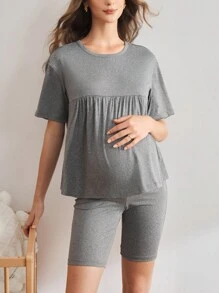 Moonlight&Mama Conjunto de pijama de maternidad de unicolor con manga corta y pantalón corto - Gris Claro - Ver 4