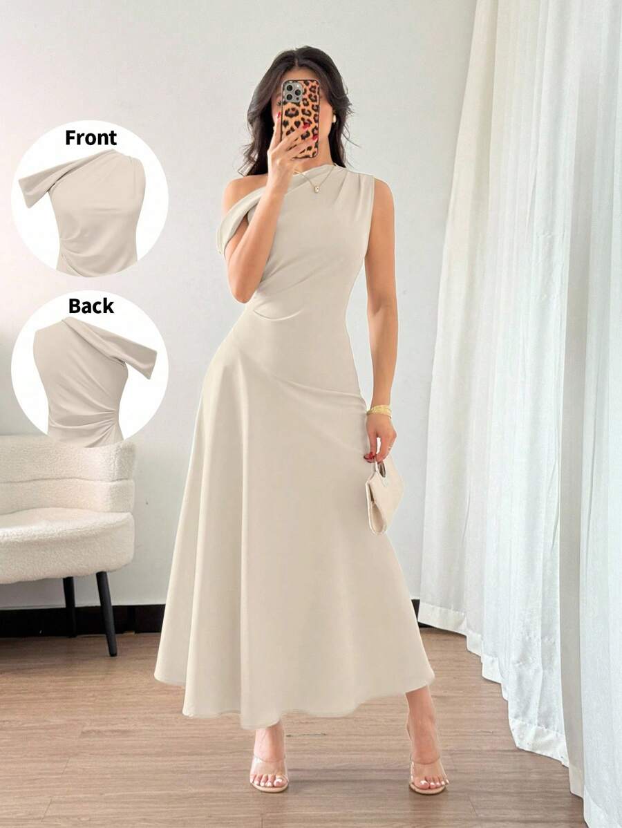 Elenzga 女士节日夏装、毕业典礼、独立日、约会、度假、波西米亚风优雅法式可爱绿色马卡龙色不对称领口荷叶边细节收腰 A 字形连衣裙 - 杏色 - 查看 1