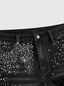 ROMWE MEN Street Life Men's Fashion Rhinestone Embellished Straight-Leg Jeans - Black - View 3