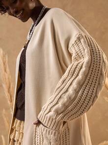 EURMUSE 女士口袋和麻花针织开衫 - 奶油色 - 查看 3