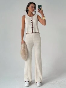 Aloruh 2pcs Women Contrast Color Knitted Vest Sweater + Straight Wide Leg Contrast Color Knitted Pants Set, Early Autumn - Multicolor - View 4