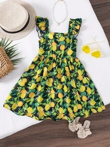 Đầm nơ hở lưng cổ vuông tay bồng họa tiết trái cây nhiệt đới dễ thương cho bé gái, trang phục phù hợp cho mẹ và bé (3 món bán riêng) - màu đen - Xem 2