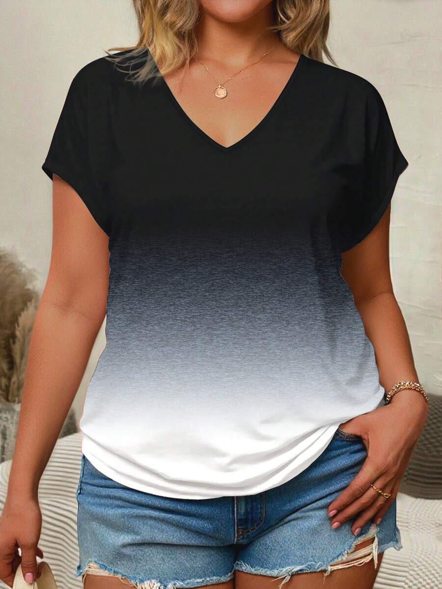 EMERY ROSE Camiseta de manga corta con cuello en V y bloque de color degradado, talla grande, para verano - Multicolor - Ver 1