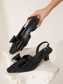 CUCCOO CHICEST Women's Pointed Toe Bowknot Stiletto Heel Mid Heel Elegant Retro Black Pumps, Peep Toe Shoes For Afternoon Tea, Date, Work, Halloween, Christmas, Thanksgiving - Black - View 3