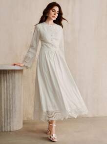 Anewsta 女装秋季温柔风白色修身显瘦重工白色长袖连衣裙 - 白色 - 查看 7