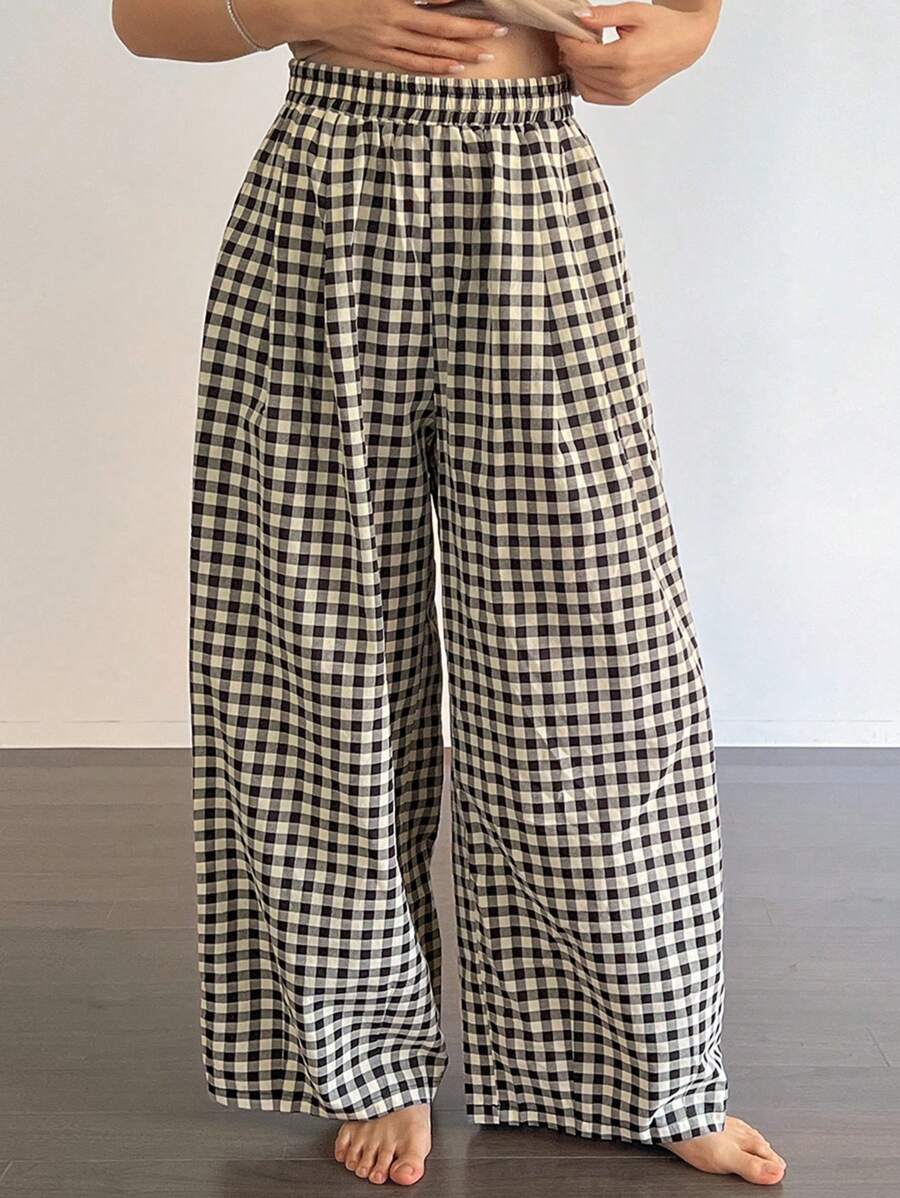 DAZY 格子松紧腰宽松女式家居裤，秋季睡衣 - 黑與白 - 查看 1
