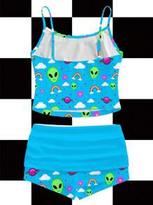 Y2Kool ThisUniqueVibe 蓝色、霓虹绿、色块、彩虹、星球、云朵、外星人、坏人、Y2K、街头风格女士蕾丝拼布两件套，适合夏季、秋季、度假、聚会、派对、日常穿着，适合外出